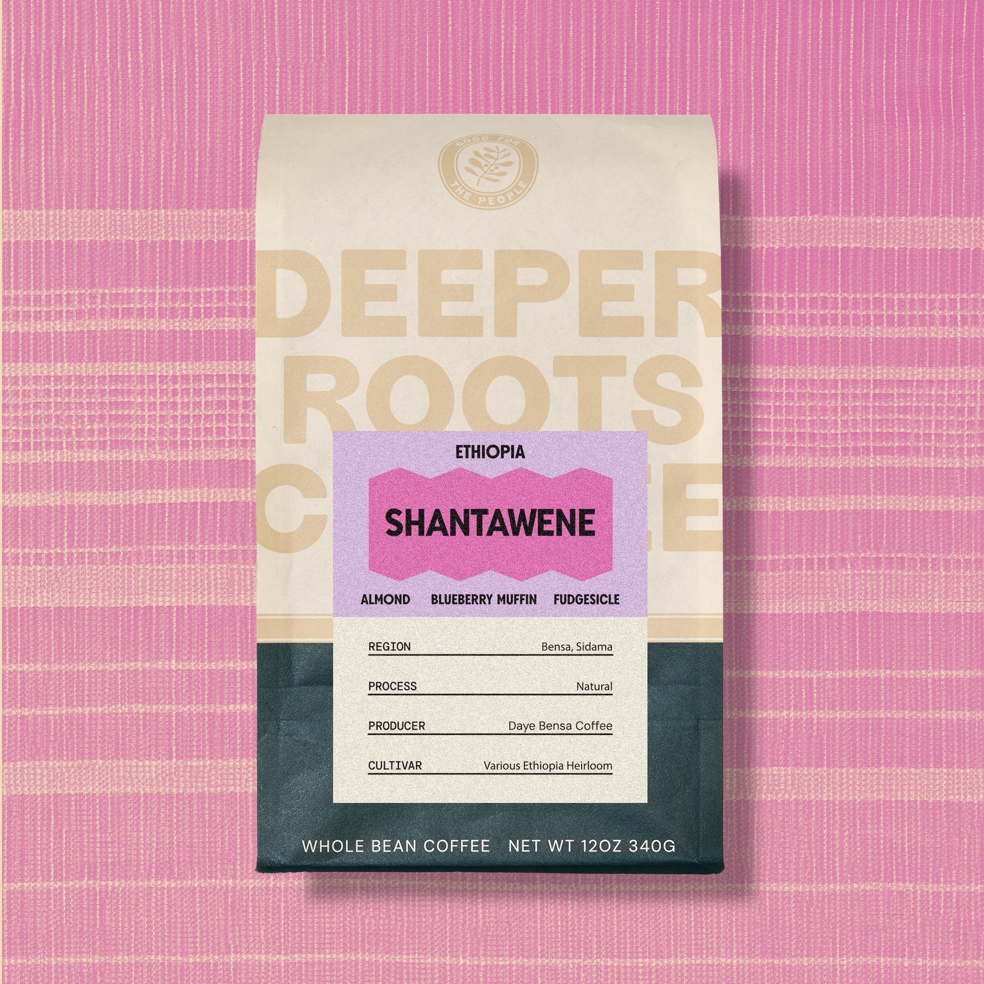 Image of Deeper Roots Coffee 12oz bag, featuring coffee from Shantawene Ethiopia