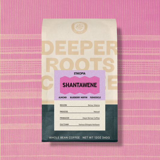 Image of Deeper Roots Coffee 12oz bag, featuring coffee from Shantawene Ethiopia